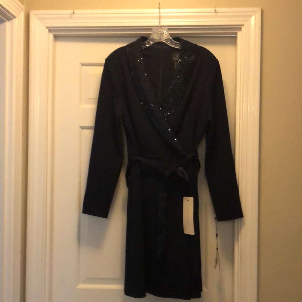 Adrianna Papell tuxedo dress with sequin collar and satin belt.